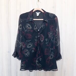 Edward Womens Silk Blouse Size XL Black Floral Mesh Ruffle Front Dark Romantic